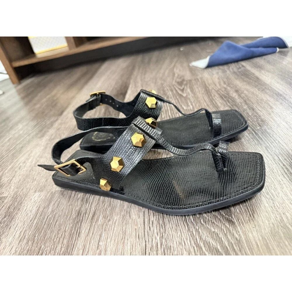 Vince Camuto Women's Black Leather Flat Sandals Size 7.5 M Studded Buckle Design